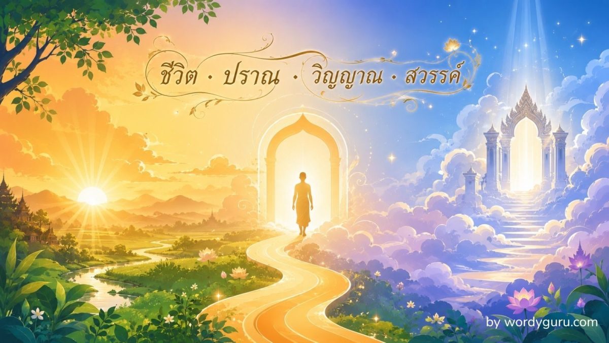 ภาพหลักหมวดคำไวพจน์ ชีวิต-ความตาย-จิตวิญญาณ ฉากเดินทางจากชีวิตสู่ภพภูมิ flat-design