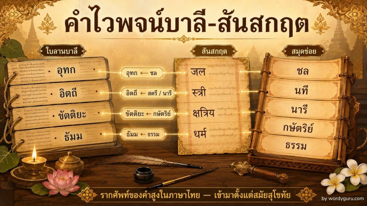 ต้นฉบับ 3 ภาษา ใบลานบาลี ต้นฉบับสันสกฤต สมุดข่อยไทย แสดงรากศัพท์ของคำไวพจน์