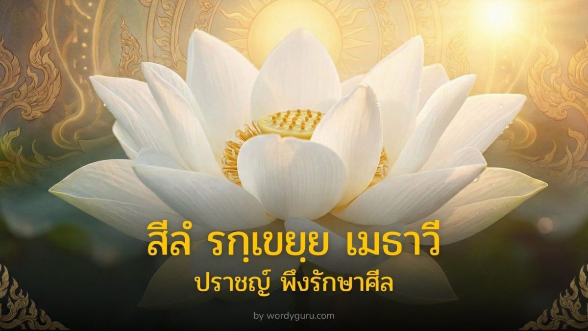 ดอกบัวสีขาวที่กำลังบานท่ามกลางแสงแดดอ่อน ๆ สื่อถึงความบริสุทธิ์และปัญญา เปรียบดัง ปราชญ์ พึงรักษาศีล