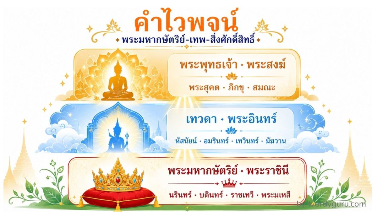ภาพหลักหมวดคำไวพจน์ พระมหากษัตริย์-เทพ-สิ่งศักดิ์สิทธิ์ มงคลทิพย์สามชั้นในรูปแบบ flat-design