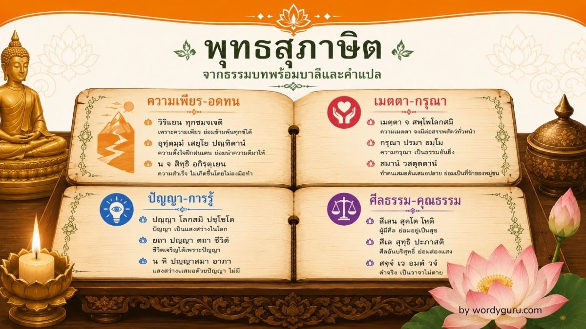 พุทธสุภาษิต 30 บทจากธรรมบทพร้อมบาลีต้นฉบับและคำแปล สำหรับ ม.ปลาย ธรรมศึกษา และ O-NET พุทธศาสนา - Wordy Guru