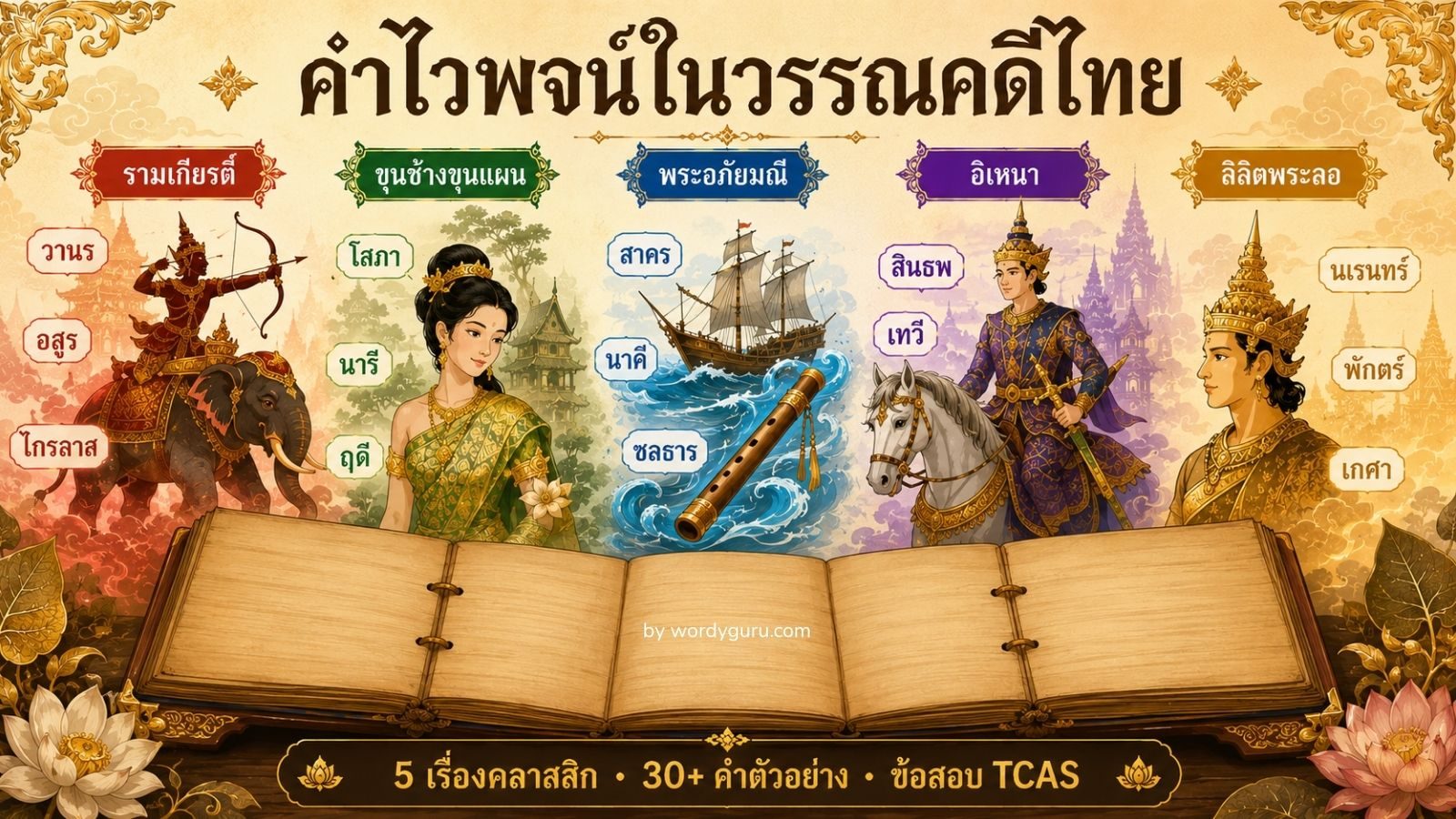 คำไวพจน์ในวรรณคดีไทย — 5 เรื่องคลาสสิก พร้อมตัวอย่าง 30+ คำ