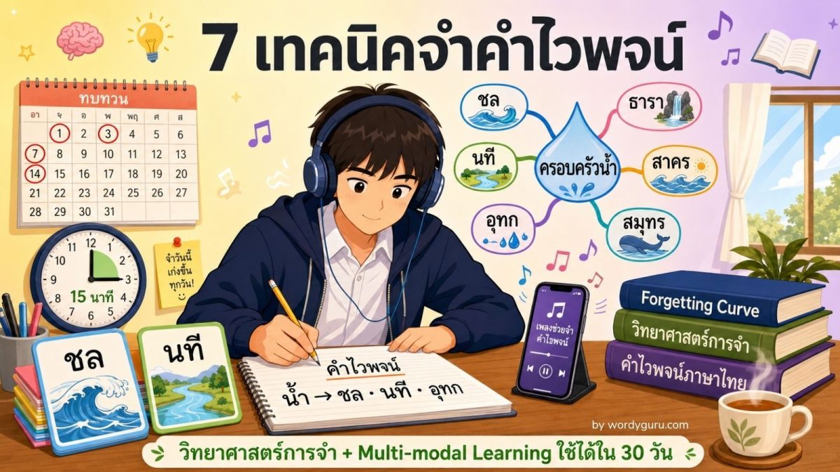 นักเรียนกำลังจำคำไวพจน์ด้วย 7 เทคนิควิทยาศาสตร์ Multi-modal Learning เขียน-ฟังเพลง-Flashcard