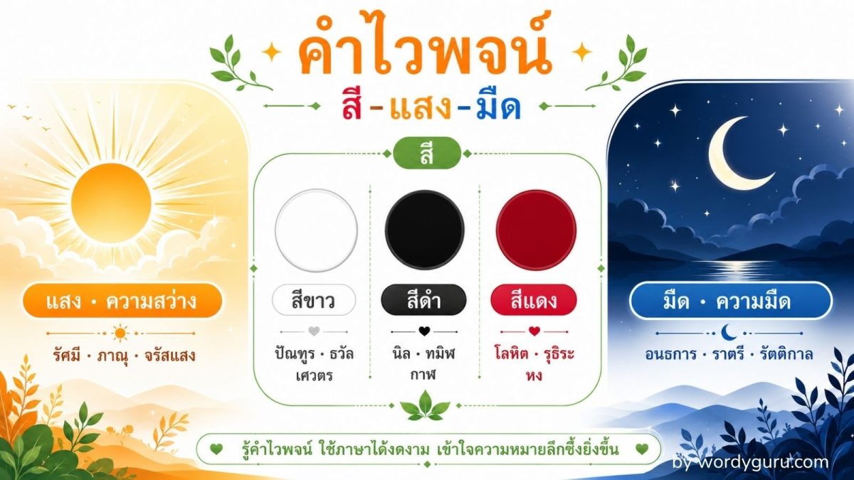 ภาพหลักหมวดคำไวพจน์ สี-แสง-มืด ฉากเปลี่ยนผ่านจากสว่างสู่มืดในรูปแบบ flat-design