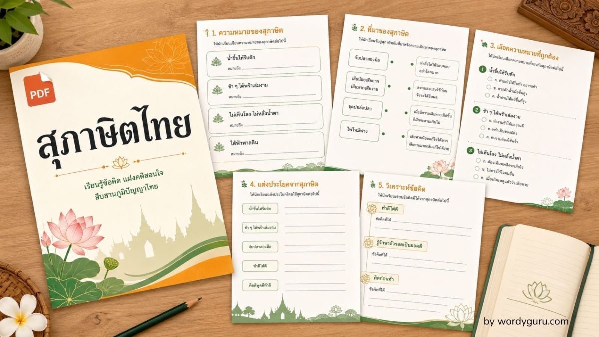 รวม PDF สุภาษิตไทยฉบับสมบูรณ์ จัดวางบนโต๊ะครู สื่อการเรียนการสอนพร้อมพิมพ์ใช้ในห้องเรียน — Wordy Guru
