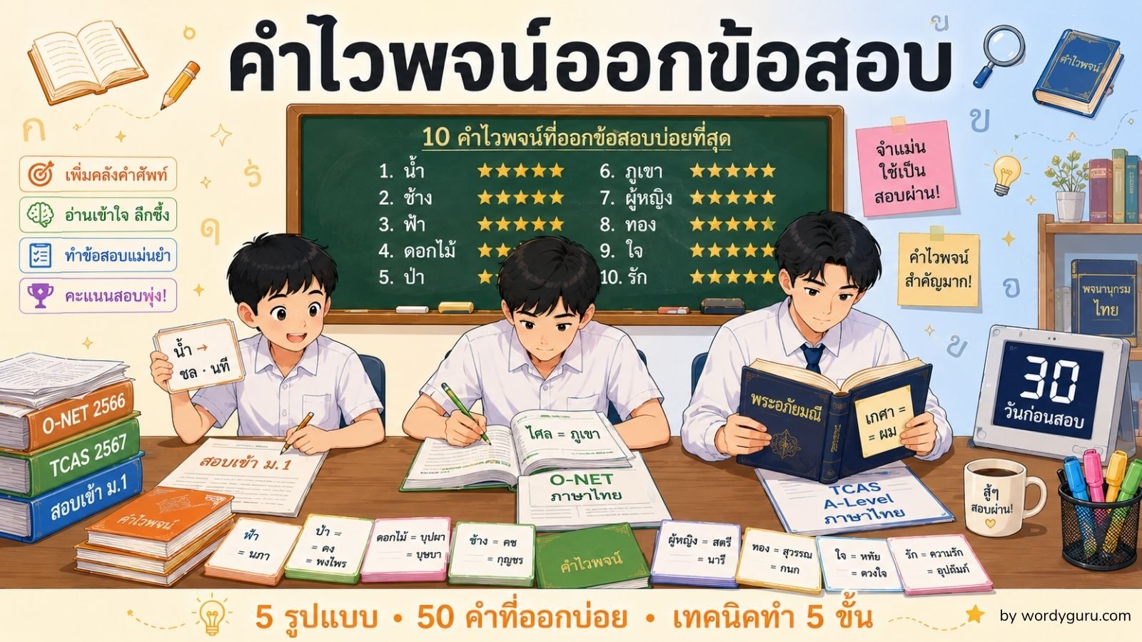แนวข้อสอบคำไวพจน์ — 5 รูปแบบ พร้อม 50 คำออกบ่อยและเทคนิคทำ
