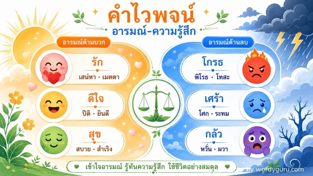 ภาพหลักหมวดคำไวพจน์ อารมณ์-ความรู้สึก ฉากสองอารมณ์บวกและลบในรูปแบบ flat-design