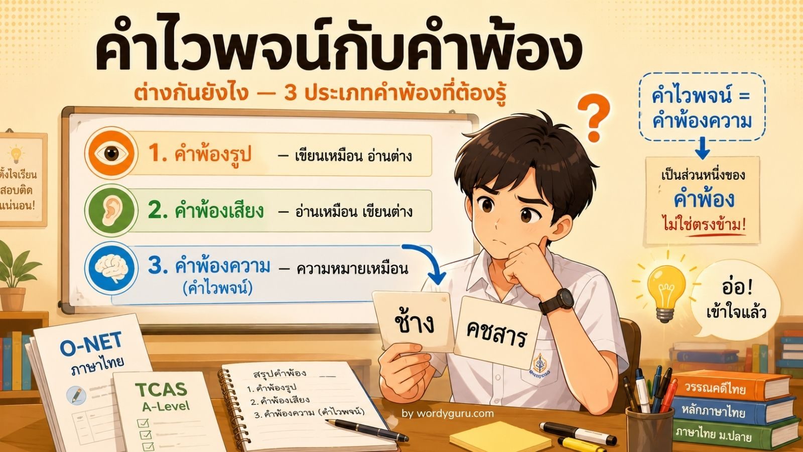 คำไวพจน์กับคำพ้องต่างกันยังไง — 3 ประเภท + คลังคำพ้องความ 9 หมวด
