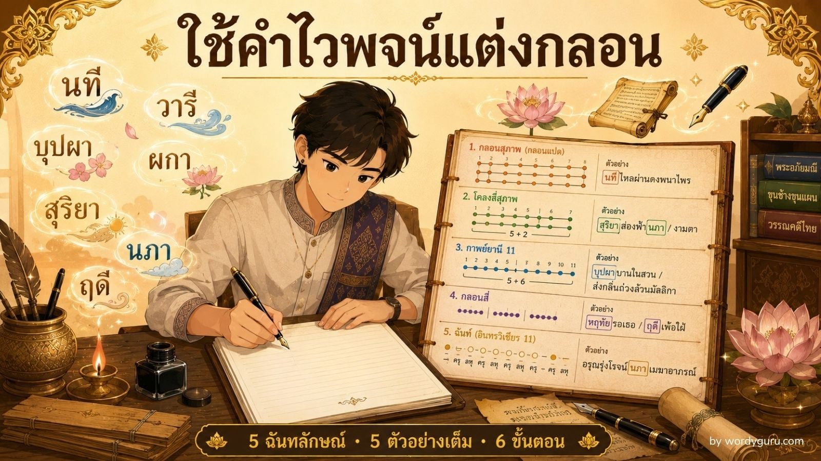 คำไวพจน์แต่งกลอน — 5 ฉันทลักษณ์ + คลัง 34 หมวด 700+ คำ