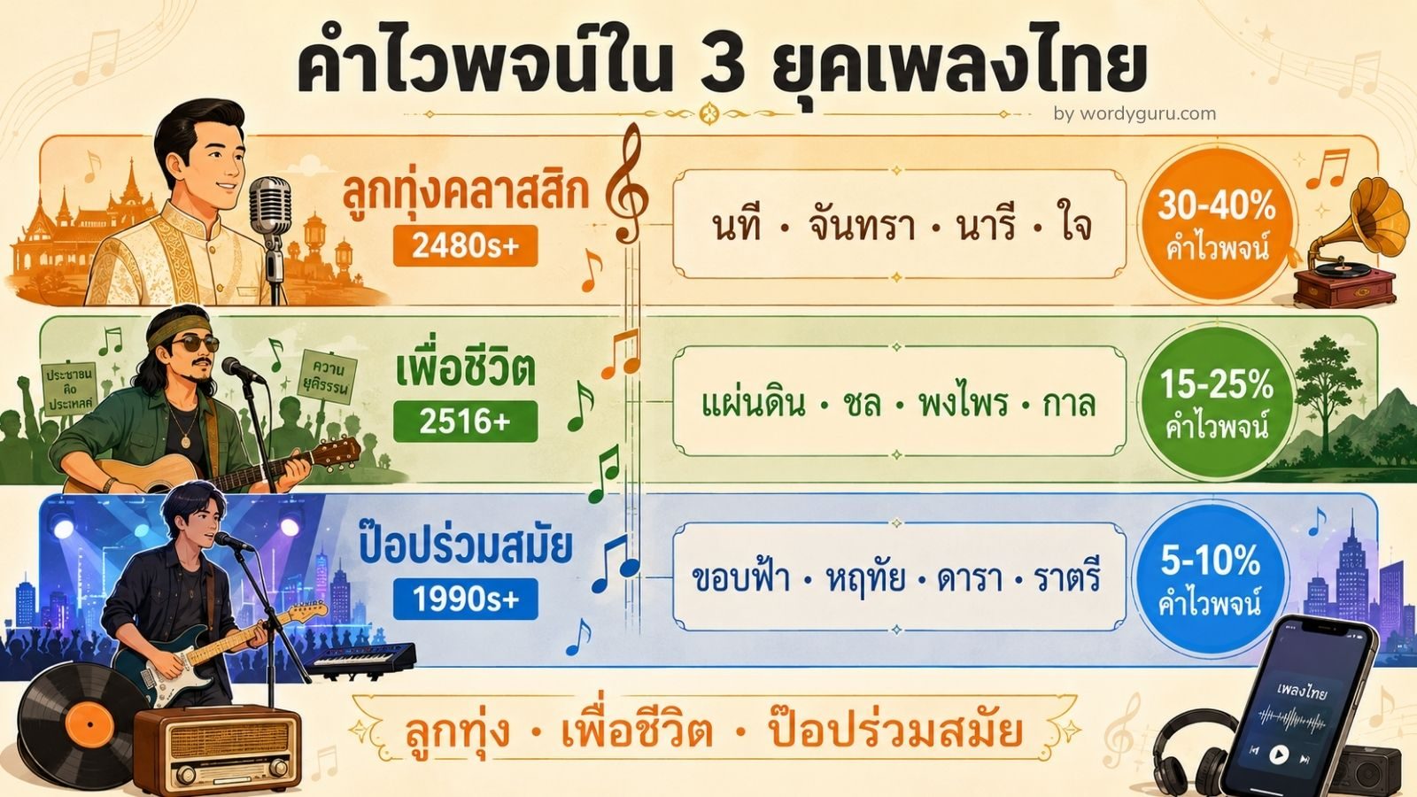 คำไวพจน์ในเพลงไทย — 3 แนวพร้อมตัวอย่างจาก 10 ศิลปินดัง